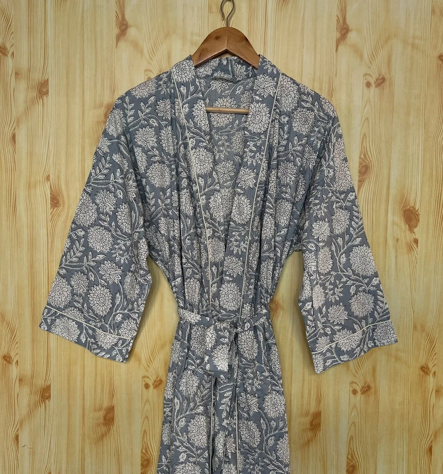 Cotton Kimono Robe Dressing Gown, Block Print Bridesmaid Robe, Summer Nightwear - Image 2 of 4