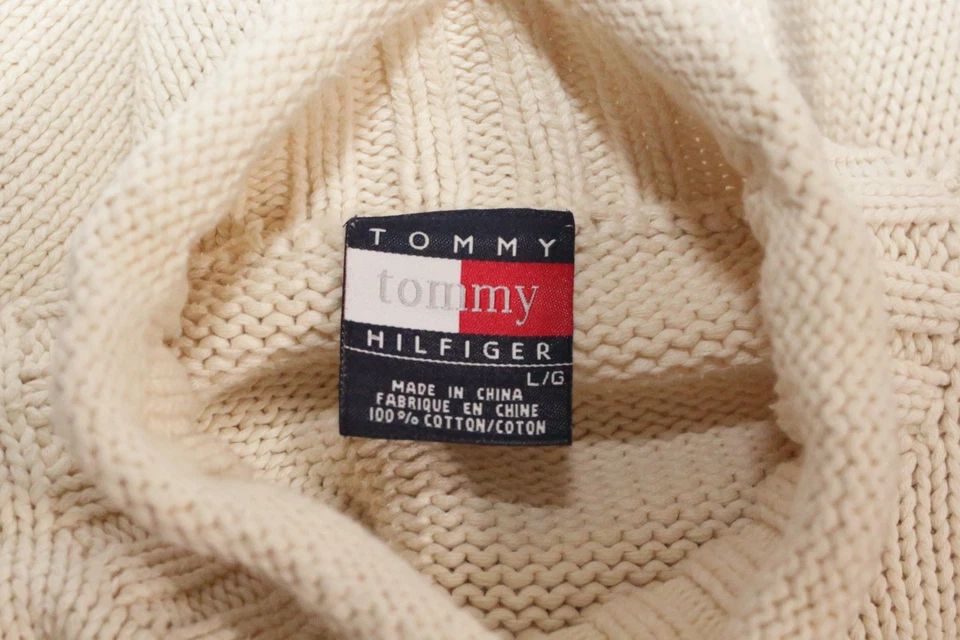 Vintage 90s y2k Tommy Hilfiger Ivory Flag Front Knit Sweater High Neck Men’s L - Image 4 of 4