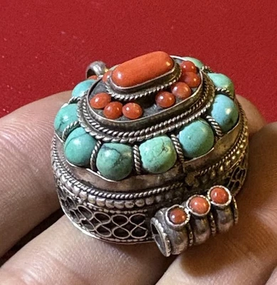 Ghau Reliquaire Tibetiain En Argent 925 Corail Turquoises Poinçon - Photo 1/4