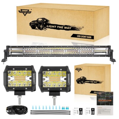 AUXBEAM 30'' Straight LED Light Bar + 2x 4'' Pods 6 Modes White Amber Strobe Flash