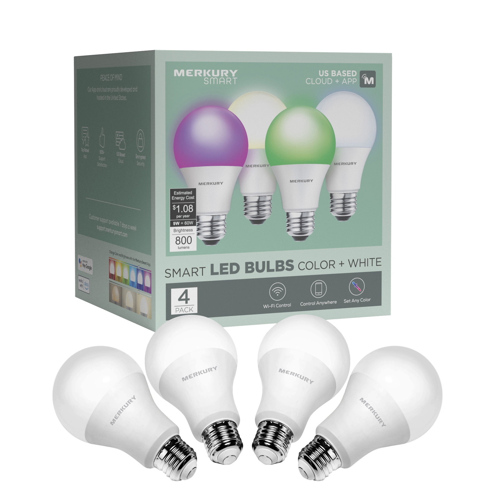Smart Color Bulb ,4 Pack, 9W A19/E26, RGBW Dimmable Smart Bulbs-image