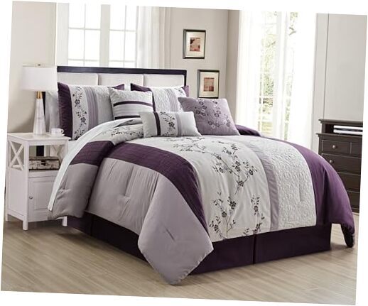 Linnea 7-Piece Luxury Purple Queen Purple/Lavender/Gray Cherry Blossom