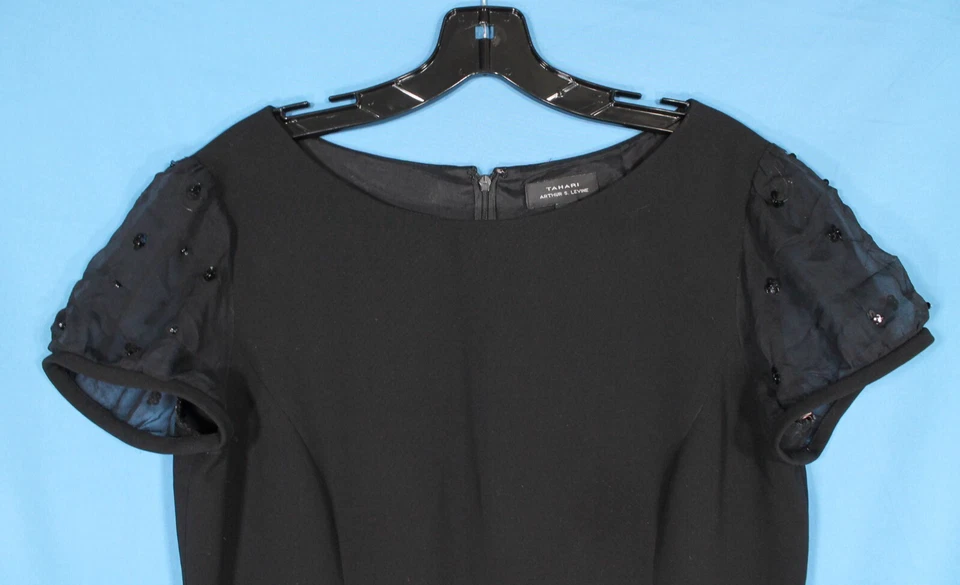 VESTIDO VAINA TAHARI Negro CREPE Transparente SEDA Y LENTEJUELAS MANGA GORRA Cremallera Espalda Talla 10 Foto 2 de 4