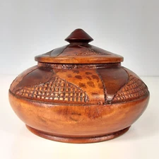 Lidded Carved Wood Bowl Boho MCM Primitive 