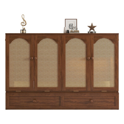 Queen Size Murphy Cabinet Bed with Rattan Decoration,USB & Large Drawe Walnut