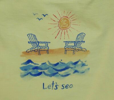 Med NWT Women's Life is Good Let's Sea Beach Chairs Yellow SS Crusher Scoop Tee