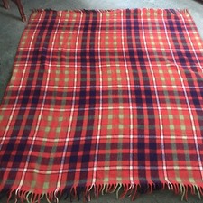 Vintage Woolin Mills Colorful 100 Wool Plaid Blanket with Fringe 62" x 62"