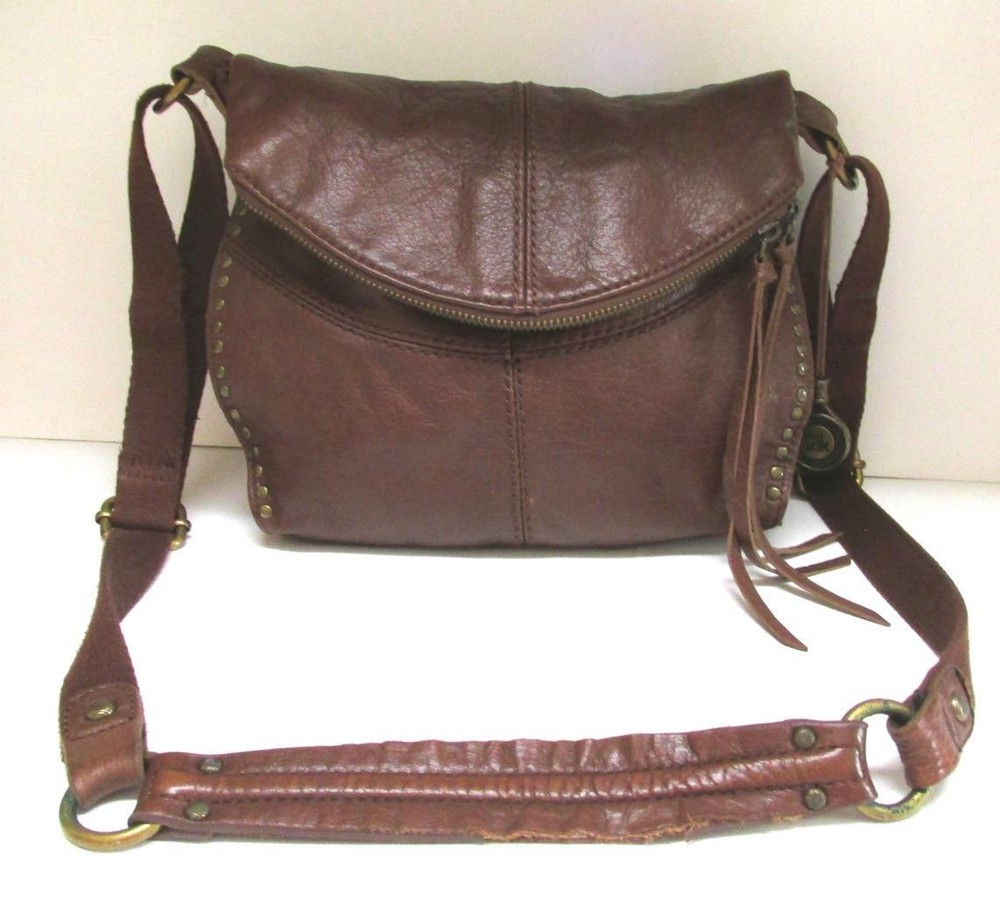 THE SAK BROWN LEATHER BRASS STUD TRIM CROSS BODY SHOULDER BAG FREE US SHIPPING