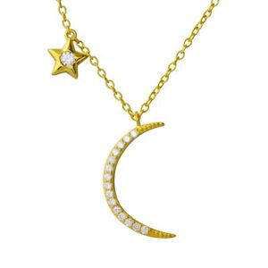 Sterling Silver 925 Gold Plated CZ Star and Crescent Moon Necklace - STP01558GP - Click1Get2 Offers