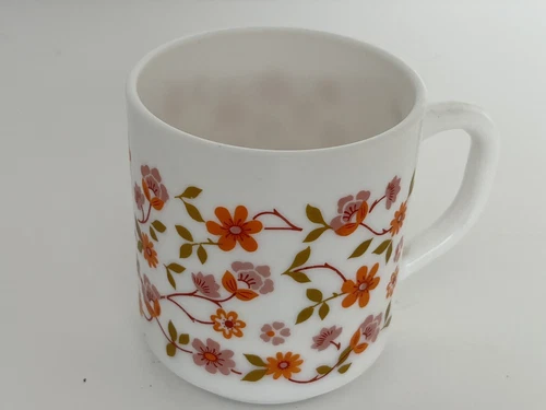 Vintage Orange Flower Arcopal France Coffee Cup Mug Milk Glass Floral