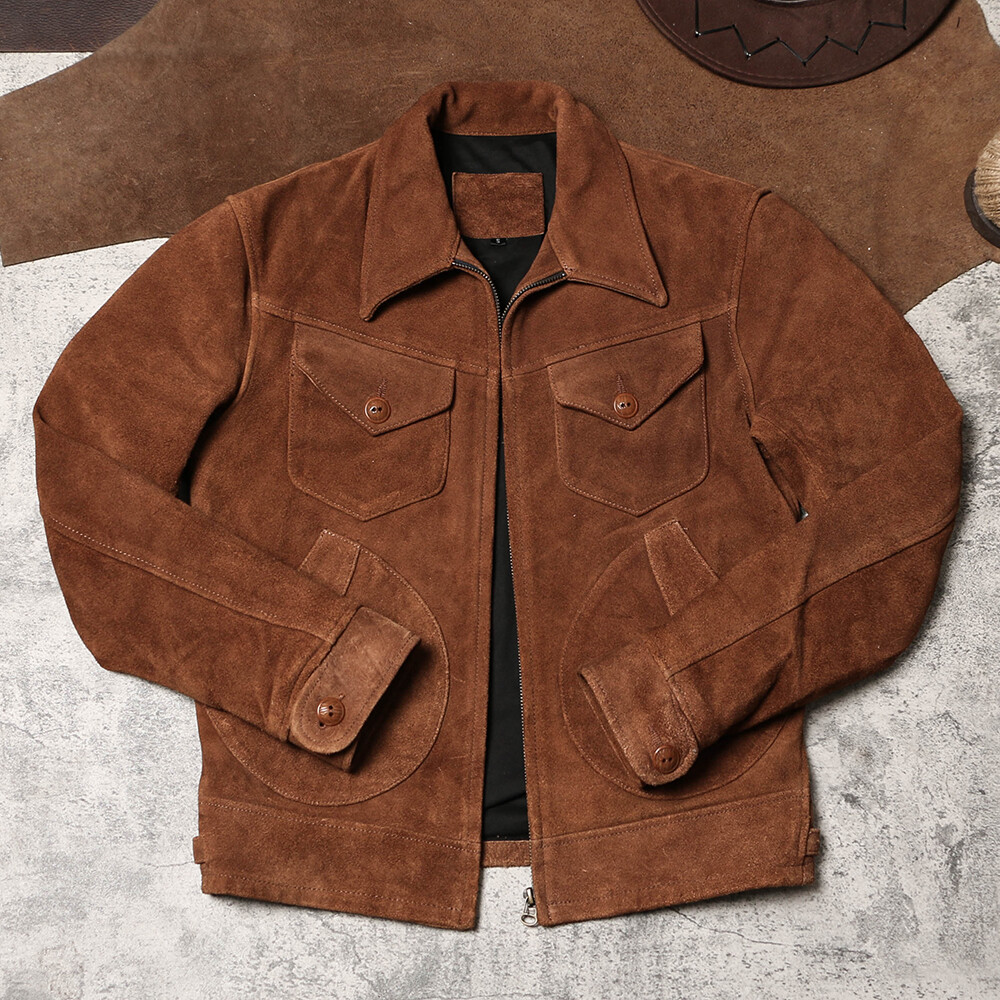 Retro American Style Mens Real Suede Leather Work Jacket Short