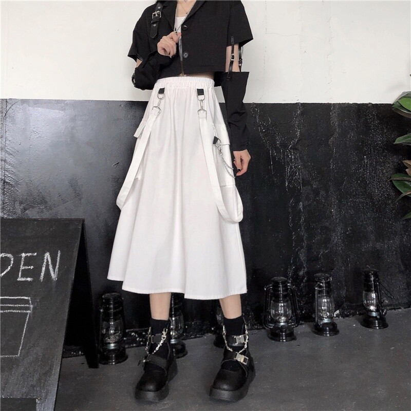 【HI FI FNK】(W) Eight Strap Cargo Skirt Lady Girl Strap Punk Cargo Skirt Pocket Goth Frill Chain