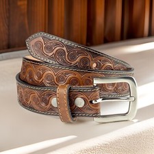 Beaded Western Belt Cowboy Rodeo Full Grain Leather Hand Tooled Removable Buckle