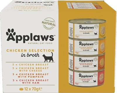 BRANDED Applaws Wet Cat Food, Multipack Chicken Selection, in Broth Tin, 12 x 70g