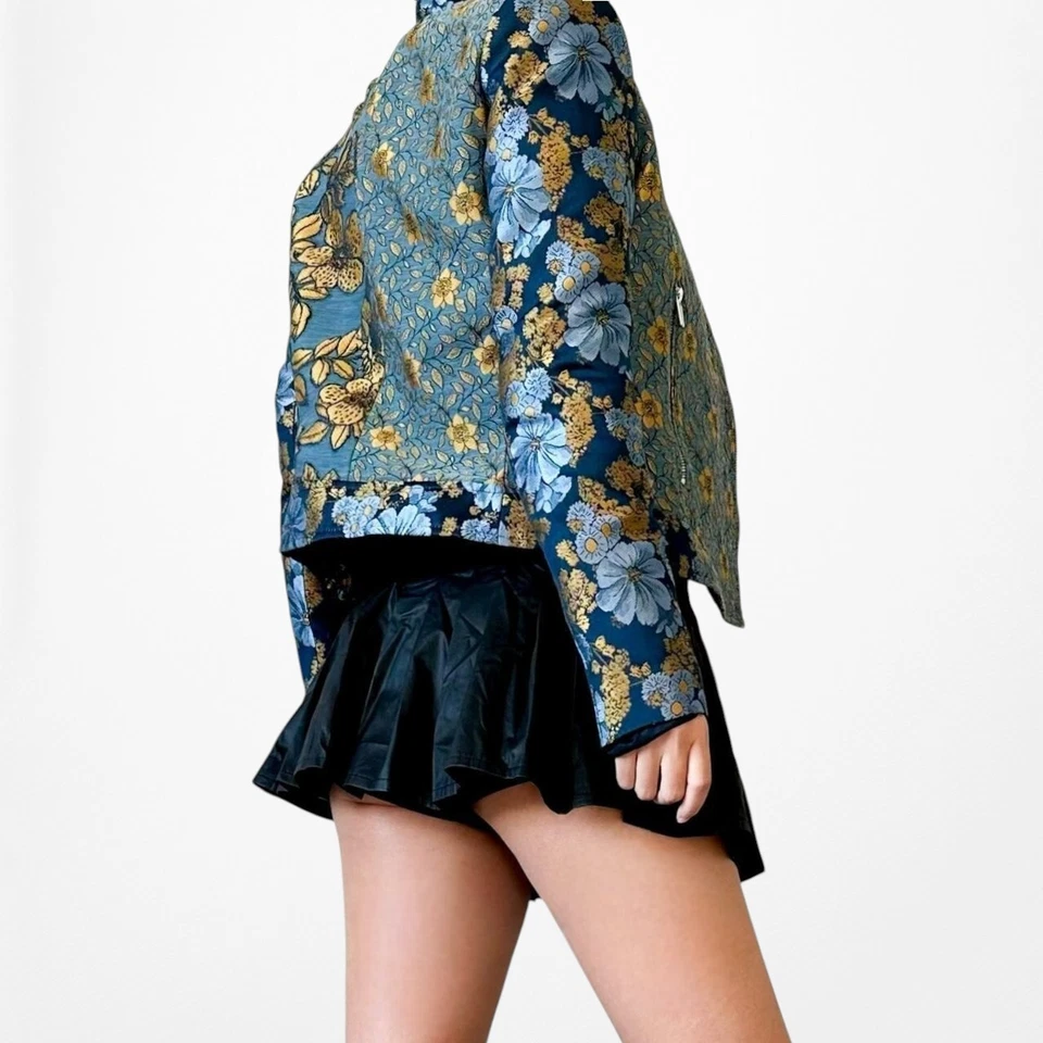 Zara Blue Yellow Floral Embroidered Shoulder Padded Blazer Jacket Size XS - Image 3 of 4