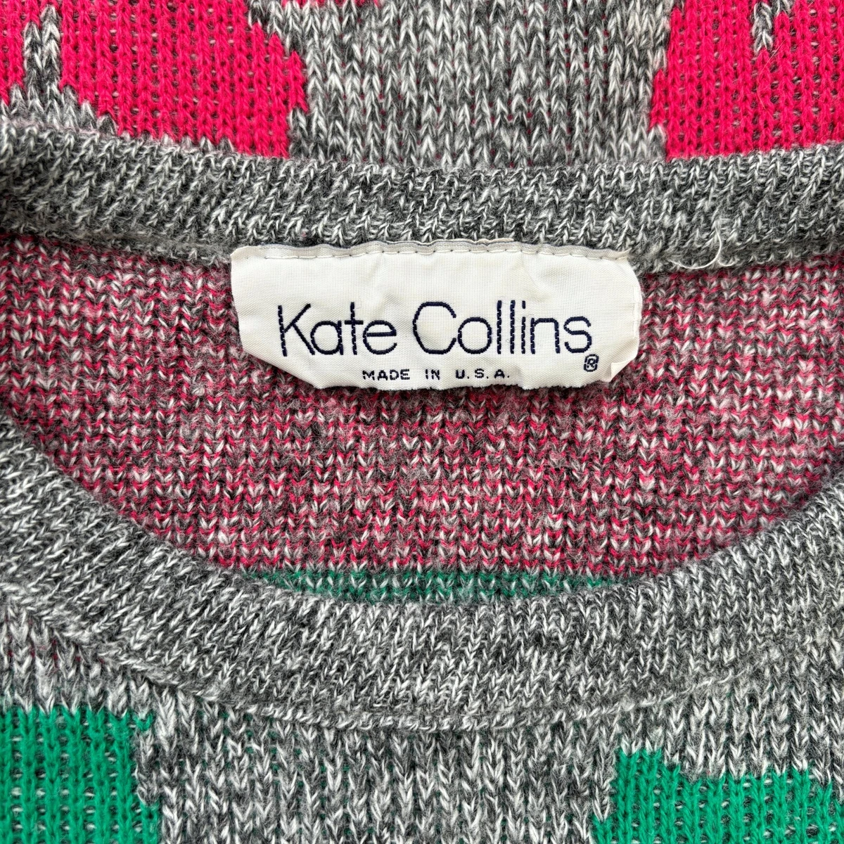 Kate Collins Medium Floral Sweater Made USA 1990s Gray Grey Blue 