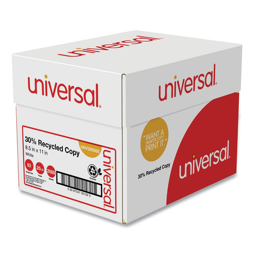 30% Recycled Copy Paper, 92 Bright, 20 lb Bond Weight, 8.5 x 11, White, 500 S...