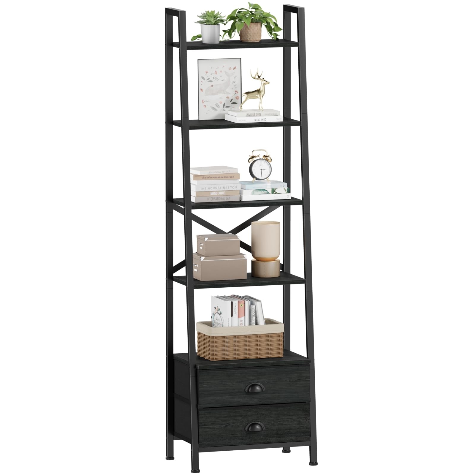 5-Tier Industrial Ladder Shelf with 2 Drawers for Narrow Space Storage