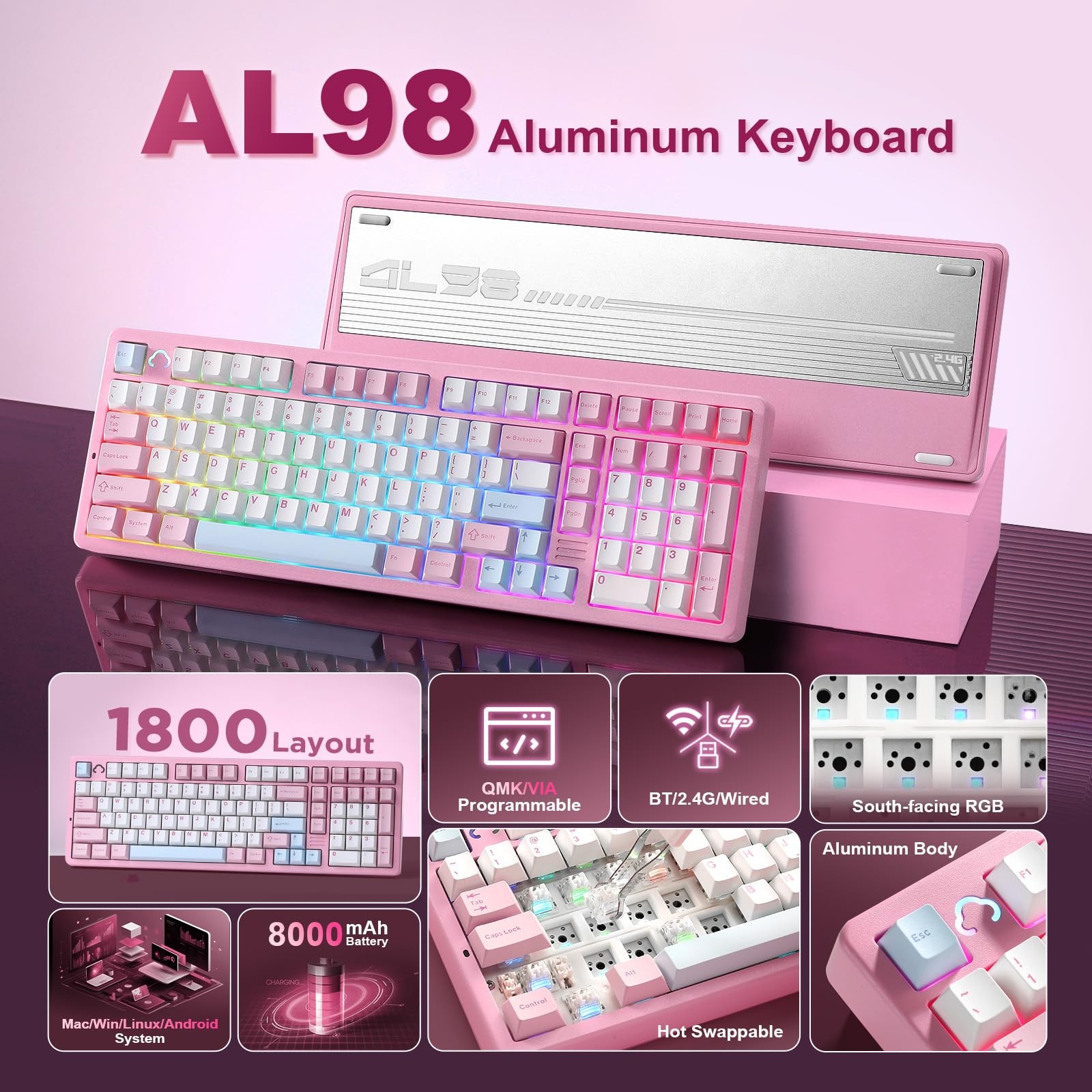 Clavier Gaming sans fil AL98 avec switches interchangeables et chassis alu - 2