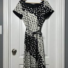 Talbots Black White Abstract Geometric Woven Fit and Flare Belted Midi Dress