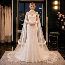 Cape Sleeves Mermaid Wedding Dress for Church Lace Appliques Long Sleeves