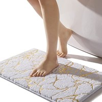 Badematte Rutschfest Waschbar Badvorleger, Weiss Badezimmerteppich, Gold