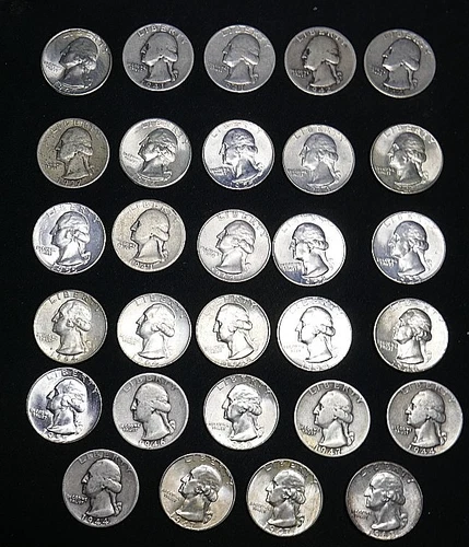 Wasington Silver Quarter Lot of 29 Coins - 1937-P to 1964-D; Grading Fine to AU