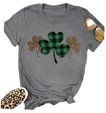 Womens Graphic Tees Casual Summer Short Large 173 Leopard Shamrock Dark Gray 