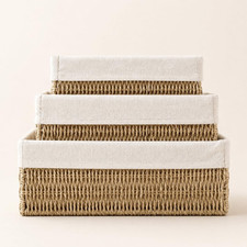 Set of 3 Large Woven Storage Baskets with Linen Liner for Organizing