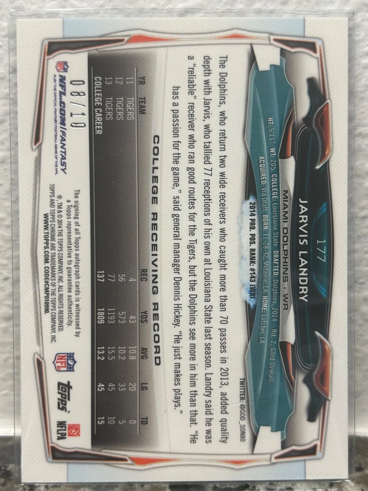 2014 Topps Chrome Jarvis Landry TRUE GOLD REFRACTOR AUTO /10 SSP DOLPHINS #177 - Image 2 of 2