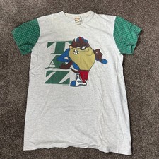 Vintage 90s Looney Tunes Taz Plaid Contrast Sleeve T-Shirt Seabell USA Made