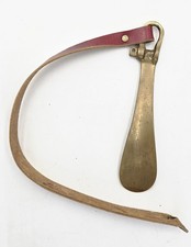 Vintage Solid Brass Shoe Horn 7" Spoon 22" Long Reach Red Leather Strap Shackle