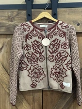 ODD MOLLY Tan Maroon Floral Full Zip Cardigan Women's Sz 1 / Sm 100% Cotton New