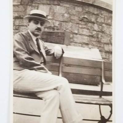 Antique Photo Dapper Man With Mustache Sitting On Park Bench 1918 Snapshot