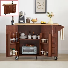 Rolling Kitchen Island with Drop Leaf Countertop, Storage Cabinet and Tower Rack