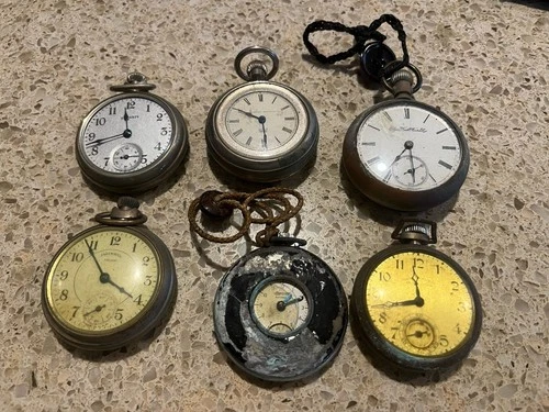 Antique Pocket Watch Lot Of 6 Elgin, Defiance, Waterbury, Ingersoll, New Haven