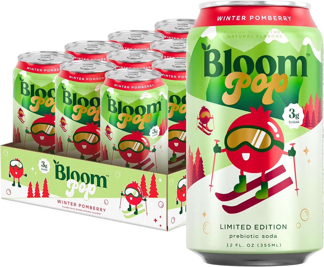 Bloom Pop Prebiotic Soda 12 Pack, Winter Pomberry 12oz Limited Edition
