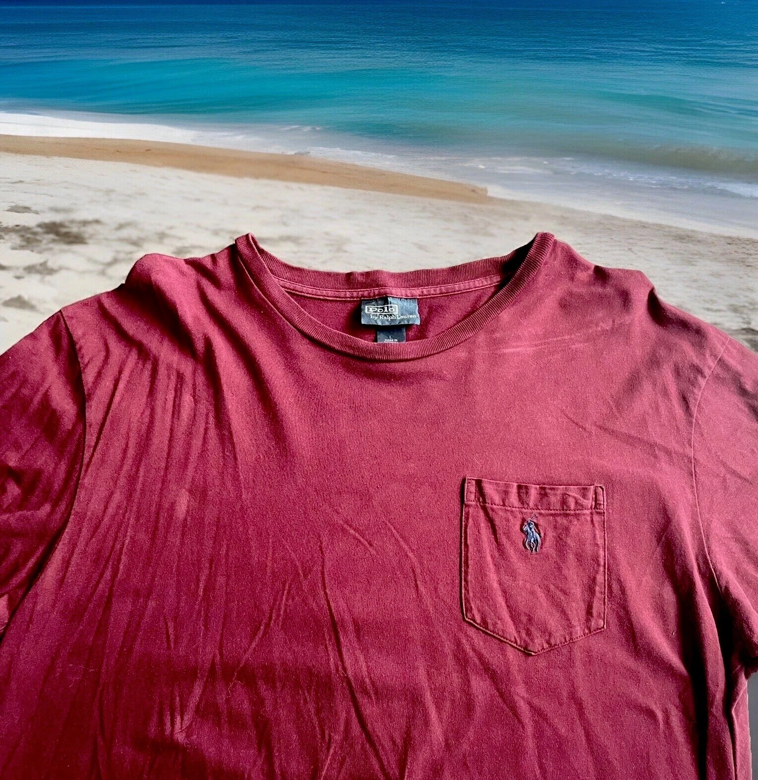 (VINTAGE) POLO RALPH LAUREN CLASSIC LOGO POCKET T-SHIRT DEEP BURGUNDY MENS LARGE