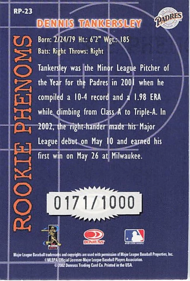 2002 DONRUSS THE ROOKIES PHENOMS #23 DENNIS TANKERSLEY 171/1000 - Image 2 of 2