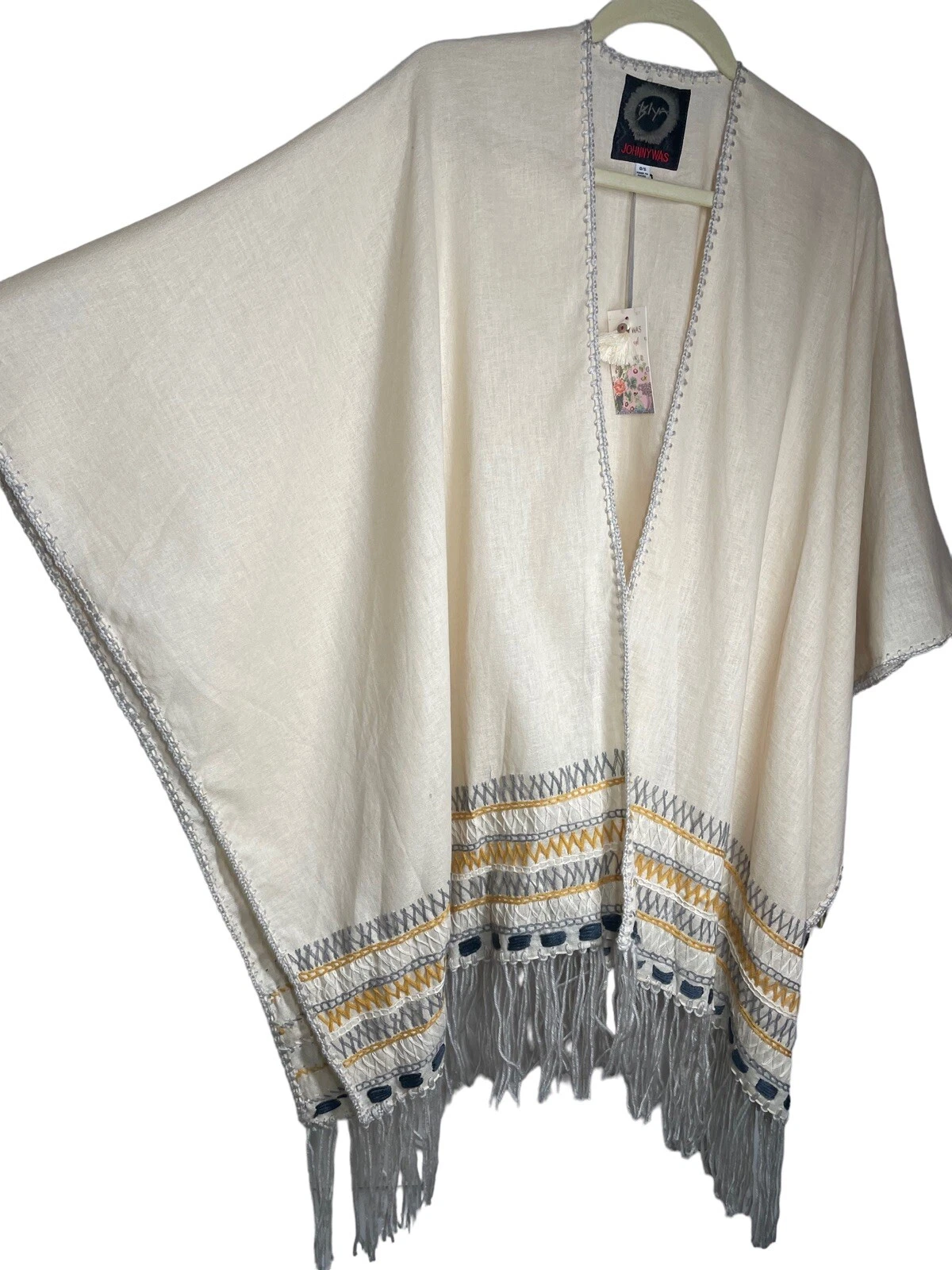 Johnny Was Aro Womens Poncho Cape Cream Linen Cotton Fringe One Size $310