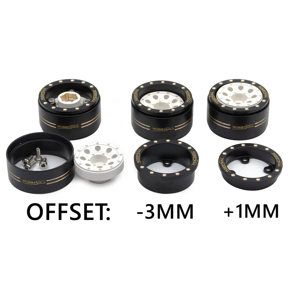 4x RC Brass 1.0 Beadlock Wheels tires Adjustable Offset For Scx24 TRX4M Crawler - Image 2 of 4