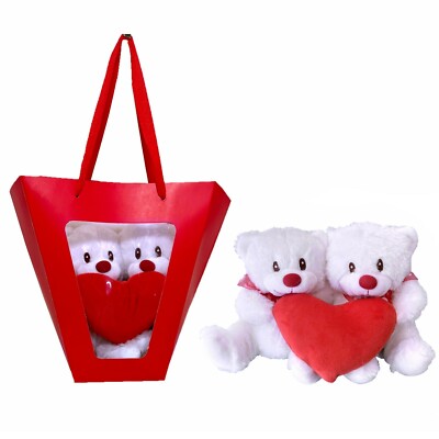 Coppia Orsetti con Cuore 20cm Peluche Bianco in Borsa Regalo San