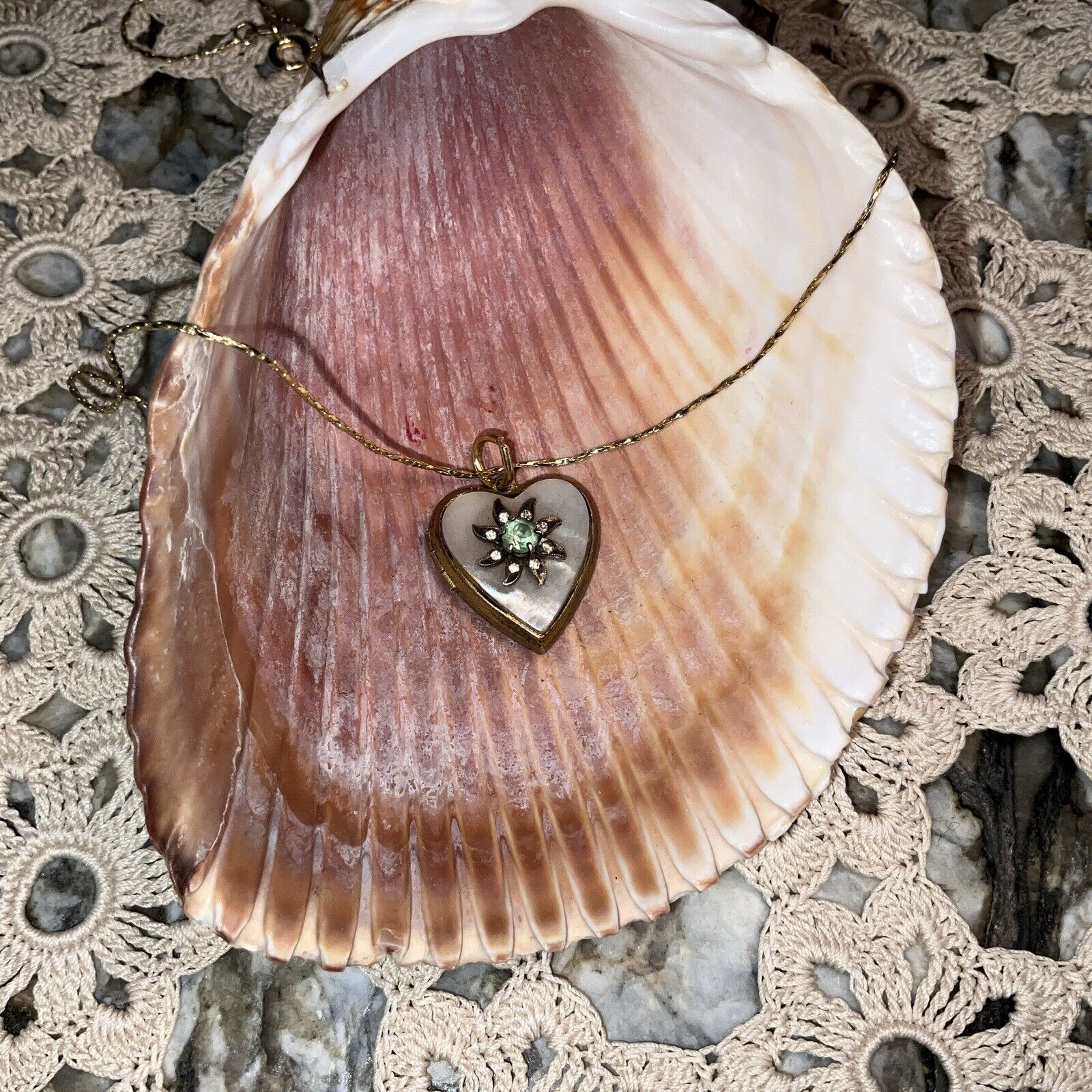 Vintage Heart Locket MOP Rhinestone Pendant Neckl… - image 2