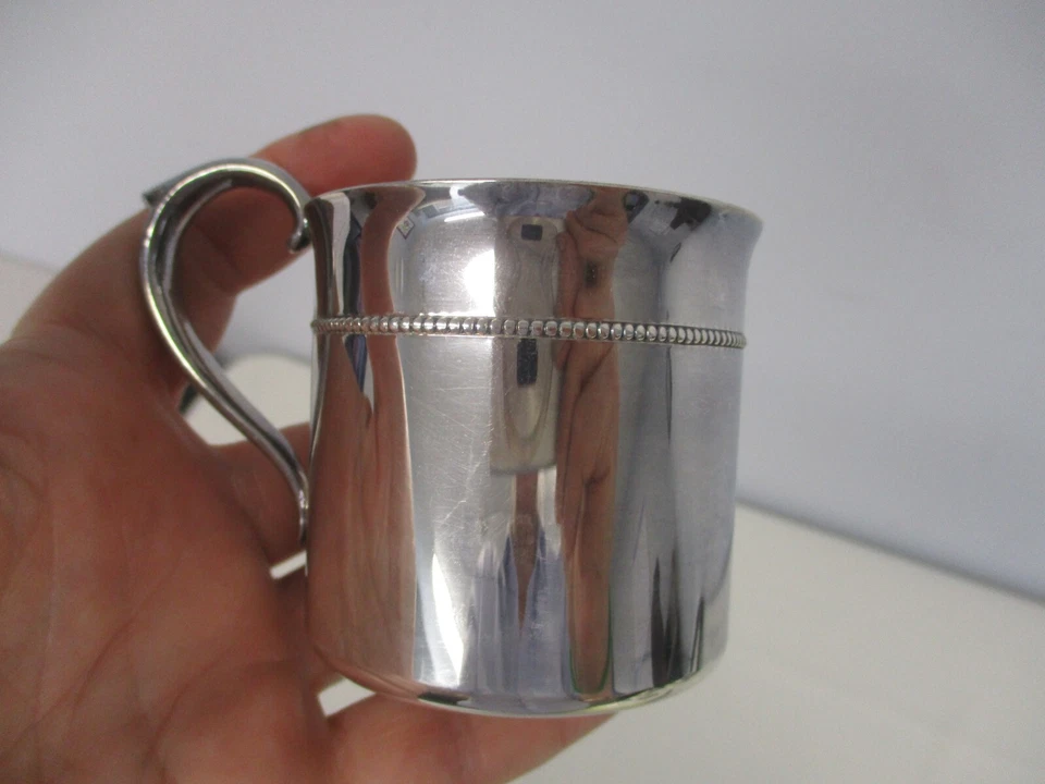REED & BARTON "ROYAL BEAD" SILVERPLATE BABY MUG w MONOGRAM "BRN" - Image 3 of 4