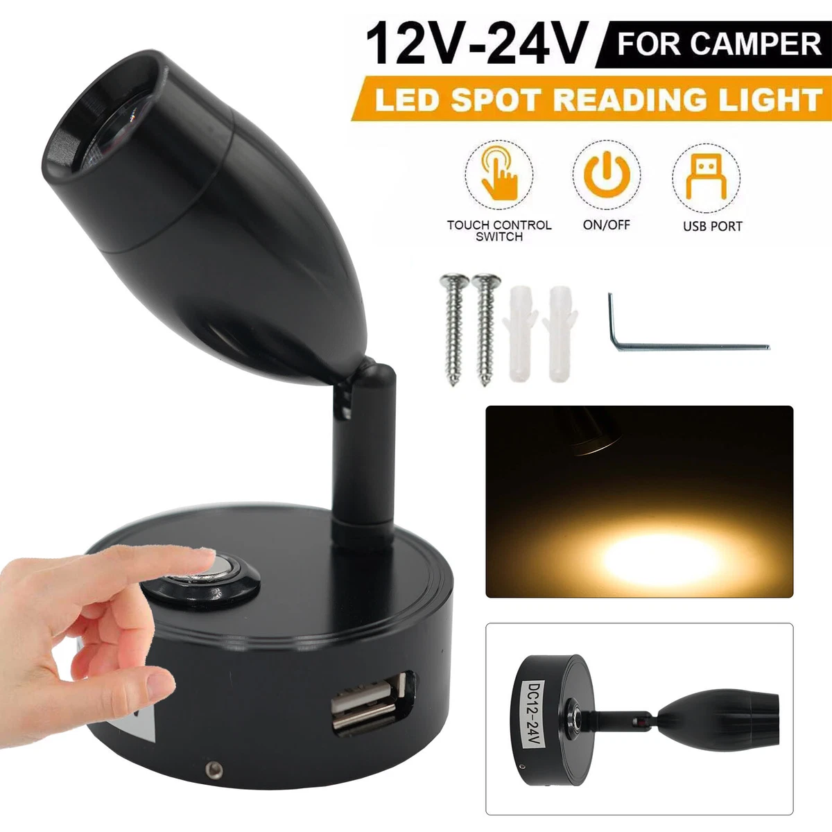 12V Touch Switch LED Spot Reading Light USB Port For Van Caravan