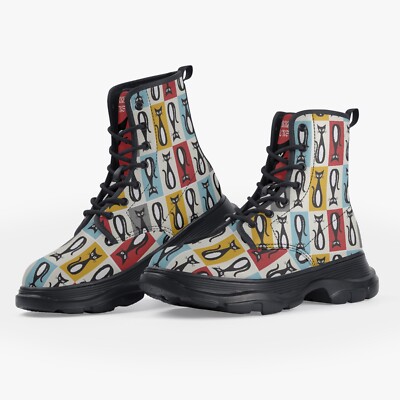 Atomic Cat 50s Retro Pop Art MCM Goth Rockabilly Age Punk Low Heel Lace Up Boots