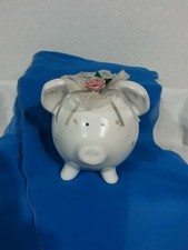 Enesco White Pig Piggy Bank Hand Painted Small Rose Lace Head Bow