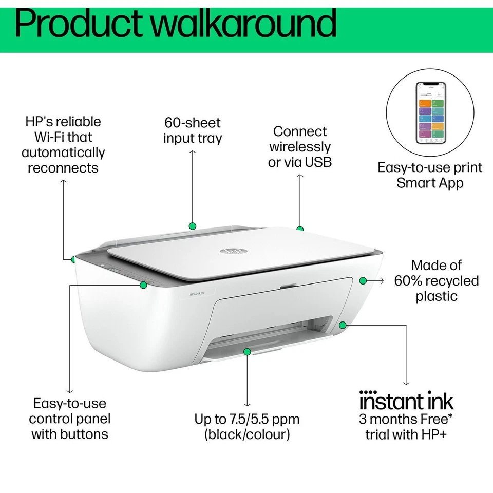 HP Deskjet 2820e All-In-One Inkjet Printer White / Grey - Image 3 of 4