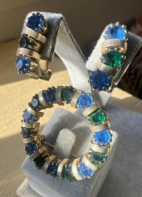 Vintage Brooch Clip On Earrings Set Gold Tone Sapphire Emerald Blue Green