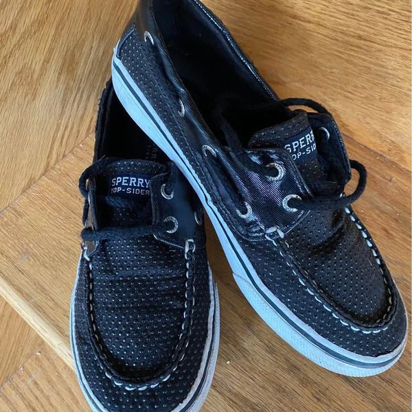 SPERRY black sequin boat shoes loafers flats top sider girls size